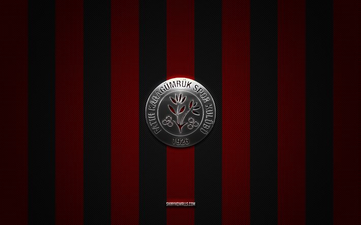 logo fatih karagumruk, clubs de football turcs, super lig, fond carbone noir rouge, emblème fatih karagumruk, football, logo en métal argenté fatih karagumruk, fatih karagumruk fc