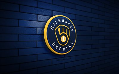 milwaukee brewers logo 3d, 4k, muro di mattoni blu, mlb, baseball, logo milwaukee brewers, squadra di baseball americana, logo sportivo, milwaukee brewers
