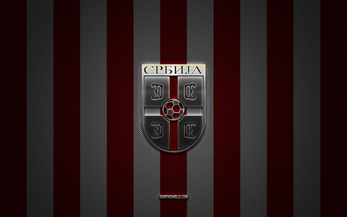 logo della squadra nazionale di calcio della serbia, uefa, europa, sfondo di carbonio bianco rosso, emblema della squadra nazionale di calcio della serbia, calcio, squadra nazionale di calcio della serbia, serbia