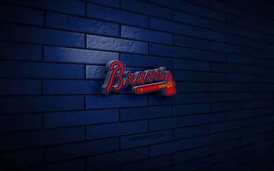 logotipo 3d de los bravos de atlanta, 4k, pared de ladrillo azul, mlb, béisbol, logotipo de los bravos de atlanta, equipo de béisbol estadounidense, logotipo deportivo, bravos de atlanta