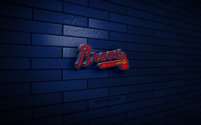 atlanta braves 3d logosu, 4k, mavi brickwall, mlb, beyzbol, atlanta braves logosu, amerikan beyzbol takımı, spor logosu, atlanta braves