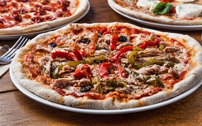 pizza with meat, 4k, bakery, pizza, fast food, big pizza, tasty food, pizza on the table, pizza cooking