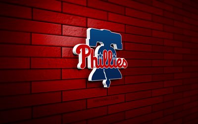 logo 3d dei philadelphia phillies, 4k, muro di mattoni rossi, mlb, baseball, logo dei philadelphia phillies, squadra di baseball americana, logo sportivo, philadelphia phillies
