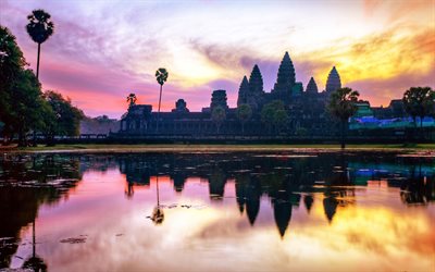 Angkor Wat, 4k, sunset, temples, cambodian landmarks, Asia, Cambodia, Angkor Wat panorama