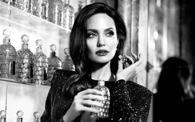 Angelina Jolie, portrait, photoshoot, black dress, monochrome, american actress, world star, Angelina Jolie Voight, beautiful woman, Angelina Jolie with perfume