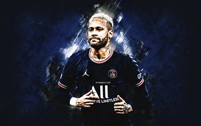 Neymar, Paris Saint-Germain, portrait, blue grunge background, PSG, Ligue 1, football, Neymar PSG, world football stars