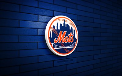 logo 3d dei new york mets, 4k, muro di mattoni blu, mlb, baseball, logo dei new york mets, squadra di baseball americana, logo sportivo, new york mets, ny mets