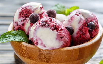 gelato al mirtillo, 4k, palline di gelato, dolci, gelato, piatto gelato, gelato ai frutti di bosco