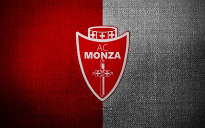 AC Monza badge, 4k, red white fabric background, Serie A, AC Monza logo, AC Monza emblem, sports logo, AC Monza flag, italian football club, AC Monza, soccer, football, Monza FC