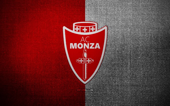 شارة ac monza, 4k, أحمر أبيض النسيج الخلفية, دوري الدرجة الاولى الايطالي, شعار ac monza, شعار رياضي, علم ac monza, نادي كرة القدم الإيطالي, اي سي مونزا, كرة القدم, مونزا إف سي