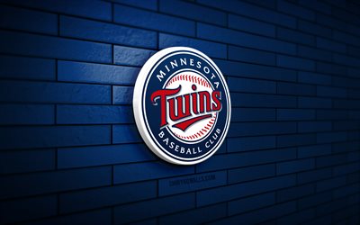 logo minnesota twins 3d, 4k, muro di mattoni blu, mlb, baseball, logo minnesota twins, squadra di baseball americana, logo sportivo, minnesota twins