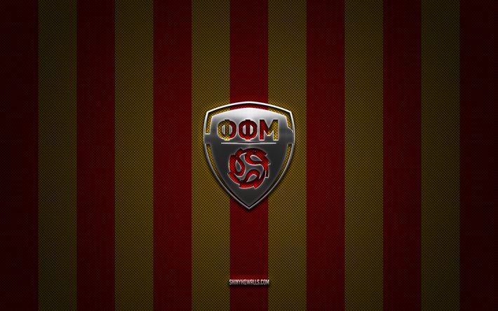 North Macedonia national football team logo, UEFA, Europe, red yellow carbon background, North Macedonia national football team emblem, football, North Macedonia national football team, North Macedonia
