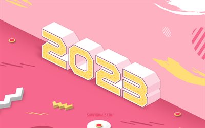 4k, 2023 feliz año nuevo, 3d 2023 fondo rosa, 2023 conceptos, feliz año nuevo 2023, letras 3d, tarjeta de felicitación 2023, 2023 año nuevo, 2023 fondo 3d
