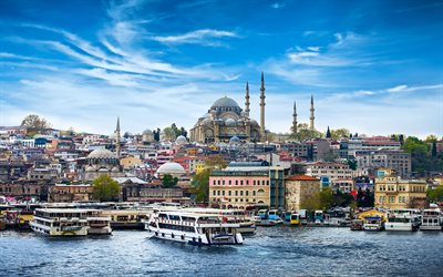 estambul, 4k, horizonte de paisajes urbanos, ciudades turcas, yeni valide sultan camii, turquía, mezquita nueva, paisaje urbano de estambul, panorama de estambul, verano