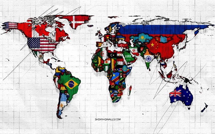 mappa del mondo di schizzo, 4k, sfondo di carta a scacchi, mappa del mondo con bandiere, mappe del mondo politico, schizzi, concetti di mappa del mondo, mappe del mondo, disegno a matita, mappa del mondo
