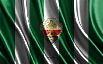 logotipo de elche cf, la liga, textura de seda blanca verde, equipo de fútbol español, elche cf, fútbol, ​​bandera de seda, emblema de elche cf, españa, insignia de elche cf