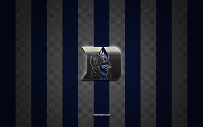 شعار duke blue devils, فريق كرة القدم الأمريكية, الرابطة الوطنية لرياضة الجامعات, خلفية الكربون الأبيض الأزرق, شعار ديوك بلو ديفلز, كرة القدم, ديوك بلو ديفلز تايد, الولايات المتحدة الأمريكية, شعار دوق بلو ديفيلز المعدني الفضي