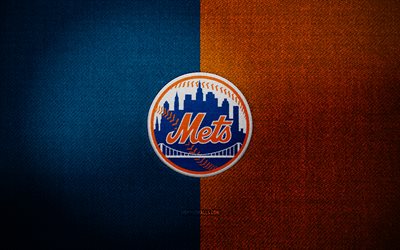 ニューヨーク・メッツのバッジ, 4k, 青オレンジ色の布の背景, mlb, ニューヨーク・メッツのロゴ, ニューヨーク・メッツのエンブレム, 野球, スポーツのロゴ, ニューヨーク・メッツの旗, アメリカの野球チーム, ニューヨーク・メッツ