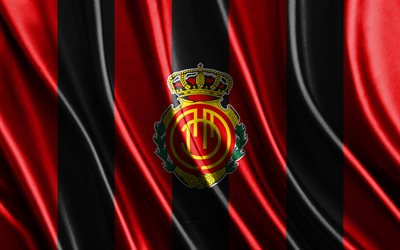 logo dell'rcd mallorca, la liga, trama di seta rossa nera, squadra di calcio spagnola, rcd mallorca, calcio, bandiera di seta, emblema dell'rcd mallorca, spagna, distintivo dell'rcd mallorca