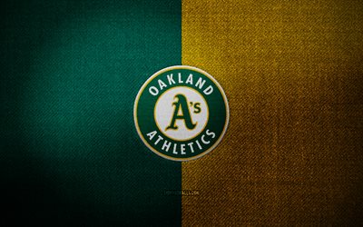 Oakland Athletics badge, 4k, green yellow fabric background, MLB, Oakland Athletics logo, baseball, sports logo, Oakland Athletics flag, american baseball team, Oakland Athletics