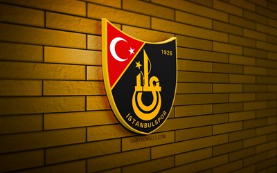 logo 3d istanbulspor, 4k, parede de tijolos amarelos, superliga, futebol, clube de futebol turco, logo istanbulspor, emblema istanbulspor, istanbulspor, logotipo esportivo, istanbulspor fc