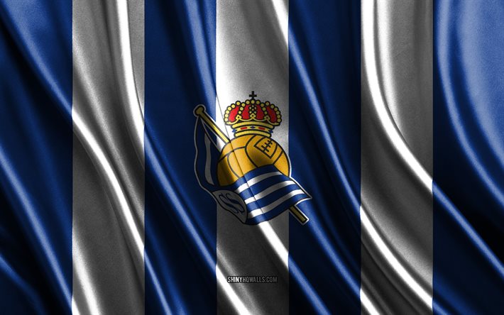 real sociedad logosu, uefa şampiyonlar ligi, mavi beyaz ipek doku, ispanyol futbol takımı, real sociedad, futbol, ​​ipek bayrak, real sociedad amblemi, ispanya, real sociedad rozeti