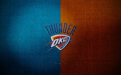 Oklahoma City Thunder badge, 4k, blue orange fabric background, NBA, Oklahoma City Thunder logo, Oklahoma City Thunder emblem, basketball, sports logo, OKC, american basketball team, Oklahoma City Thunder