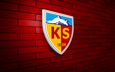 logo kayserispor 3d, 4k, parede de tijolos vermelhos, superliga, futebol, clube de futebol turco, logo kayserispor, emblema kayserispor, kayserispor, logotipo esportivo, kayserispor fc