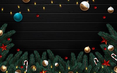 クリスマスフレーム, 4k, 茶色の木製の背景, クリスマスの飾り, クリスマス, メリークリスマス, あけましておめでとう