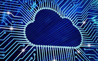 Blue cloud technology background, 4k, Cloud computing, network technology, blue neon cloud, technology background, board background, Cloud computing concepts, cloud storage