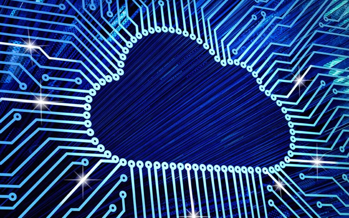 푸른 구름 기술 배경, 4k, 클라우드 컴퓨팅, 네트워크 기술, 푸른 네온 구름, 기술 배경, 보드 배경, 클라우드 컴퓨팅 개념, 클라우드 스토리지