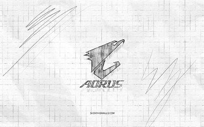 aorus 스케치 로고, 4k, 체크 무늬 종이 배경, 오러스 블랙 로고, 브랜드, 로고 스케치, 오러스 로고, 연필 드로잉, 오러스