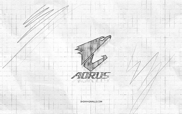 aorus 스케치 로고, 4k, 체크 무늬 종이 배경, 오러스 블랙 로고, 브랜드, 로고 스케치, 오러스 로고, 연필 드로잉, 오러스