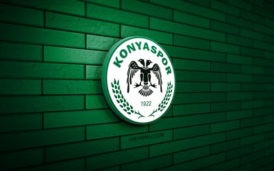 logotipo 3d de konyaspor, 4k, pared de ladrillo verde, super lig, fútbol, ​​club de fútbol turco, logotipo de konyaspor, emblema de konyaspor, ​​konyaspor, logotipo deportivo, konyaspor fc