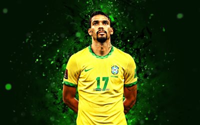 lucas paqueta, 4k, 2022, equipo nacional de brasil, fútbol, ​​futbolistas, luces de neón verdes, equipo de fútbol de brasil, lucas paqueta 4k