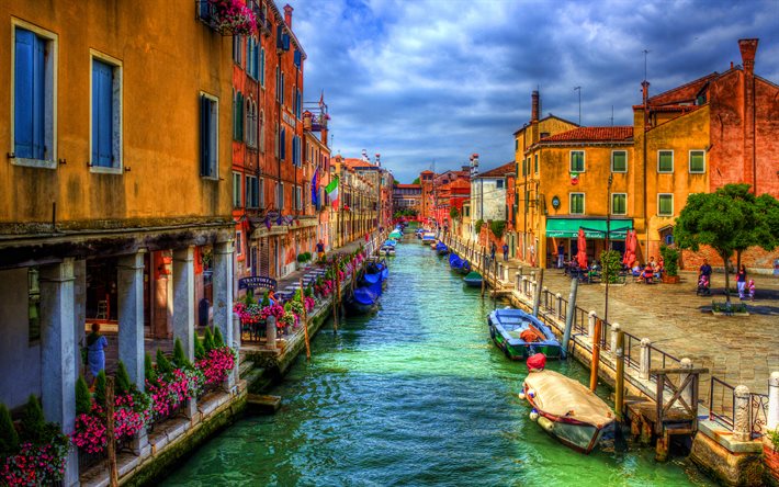 Venice, HDR, water channels, italian cities, gondolas, Italy, Europe, colorful houses, summer, clouds