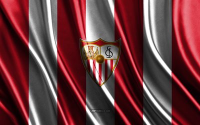sevilla fc-logo, la liga, rot-weiße seidenstruktur, spanische fußballmannschaft, sevilla fc, fußball, seidenflagge, sevilla fc-emblem, spanien, sevilla fc-abzeichen