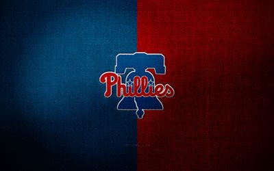 フィラデルフィア・フィリーズのバッジ, 4k, 青赤布の背景, mlb, フィラデルフィア・フィリーズのロゴ, 野球, スポーツのロゴ, フィラデルフィア・フィリーズの旗, アメリカの野球チーム, フィラデルフィア・フィリーズ