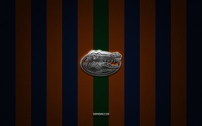 florida gators logosu, amerikan futbol takımı, ncaa, mavi turuncu karbon arka plan, florida gators amblemi, futbol, ​​florida gators, abd, florida gators gümüş metal logosu