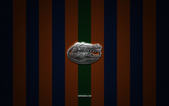 フロリダ・ゲイターズのロゴ, アメリカン フットボール チーム, ncaa, 青オレンジ色の炭素の背景, フロリダ・ゲイターズのエンブレム, フットボール, フロリダゲーターズ, アメリカ合衆国, フロリダ・ゲーターズのシルバーメタルのロゴ