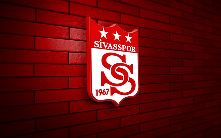 Sivasspor 3D logo, 4K, red brickwall, Super Lig, soccer, turkish football club, Sivasspor logo, Sivasspor emblem, football, Sivasspor, sports logo, Sivasspor FC
