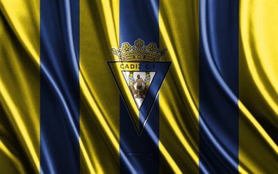 logo cadix cf, la liga, texture de soie bleu jaune, équipe espagnole de football, cadix cf, football, drapeau en soie, emblème cadix cf, espagne, badge cadix cf