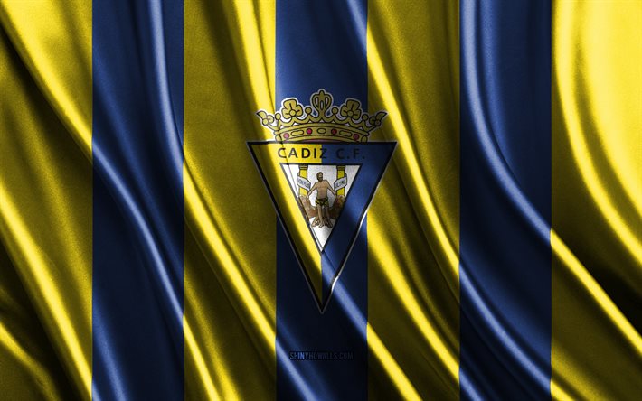 logo cadix cf, la liga, texture de soie bleu jaune, équipe espagnole de football, cadix cf, football, drapeau en soie, emblème cadix cf, espagne, badge cadix cf