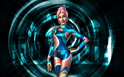 diva da festa, 4k, fundo abstrato azul, fortnite, raios abstratos, pele de diva de festa, skin da diva da festa fortnite, personagens de fortnite, festa diva fortnite