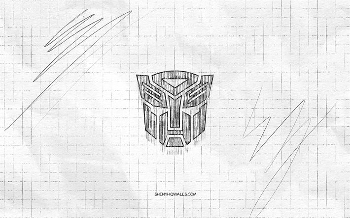 Transformers sketch logo, 4K, checkered paper background, Transformers black logo, superheroes, logo sketches, Transformers logo, pencil drawing, Transformers