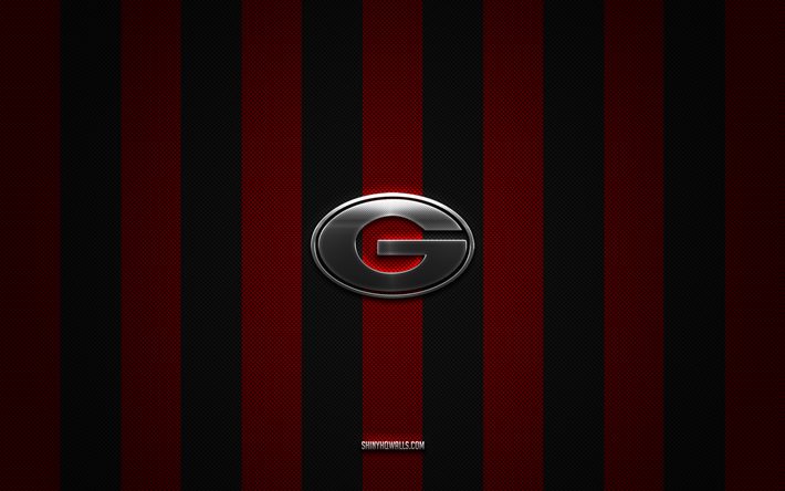 Georgia Bulldogs logo, American football team, NCAA, red black carbon background, Georgia Bulldogs emblem, football, Georgia Bulldogs, USA, Georgia Bulldogs silver metal logo