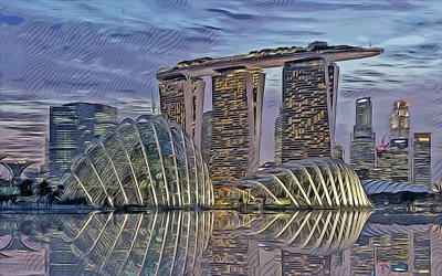 Marina Bay Sands, 4k, Singapore, vector art, hotel, Marina Bay, Singapore drawings, Singapore cityscape, Asia