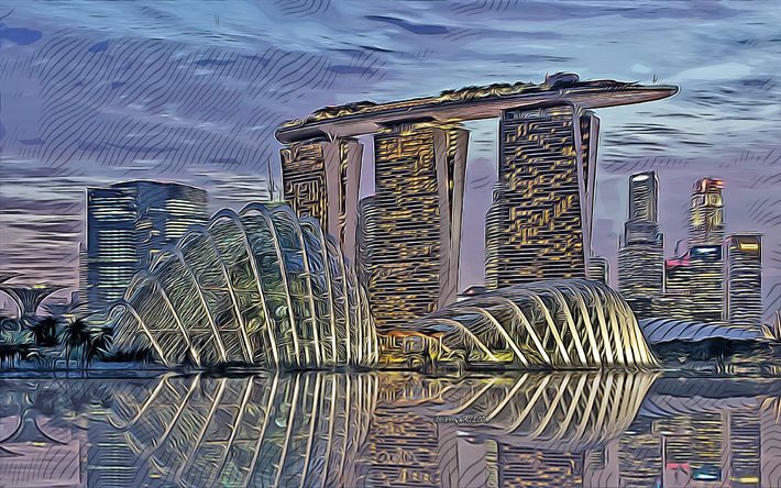 marina bay sands, 4k, singapour, vecteur de l'art, hôtel, marina bay, singapour dessins, singapour paysage urbain, asie
