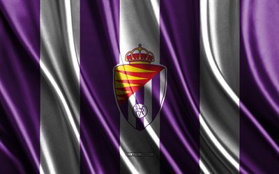 logotipo del real valladolid, la liga, textura de seda blanca púrpura, equipo de fútbol español, real valladolid, fútbol, ​​bandera de seda, emblema del real valladolid, españa, insignia del real valladolid