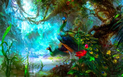 Two peacocks, 4k, artwork, jungle, exotic birds, creative, Pavo cristatus, pictures with peacock, Peacock, peacocks, beautiful birds, Afropavo, Peacock bird, Pavo